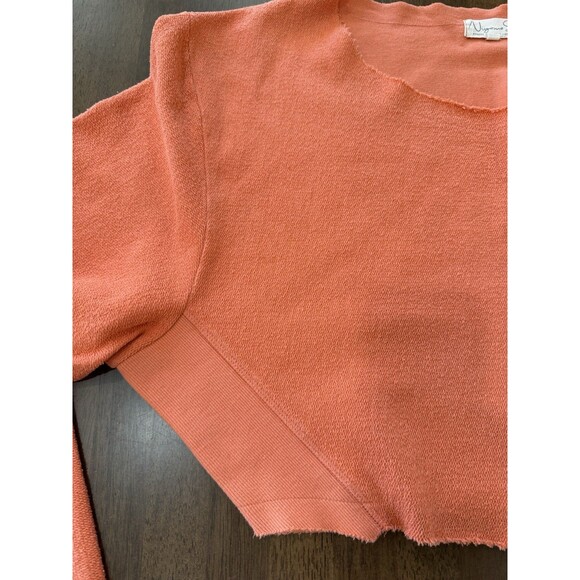 Cropped Distressed Coral Off Shoulder Sweatshirt Slouchy Raw Hem Thumbholes M - Picture 9 of 9